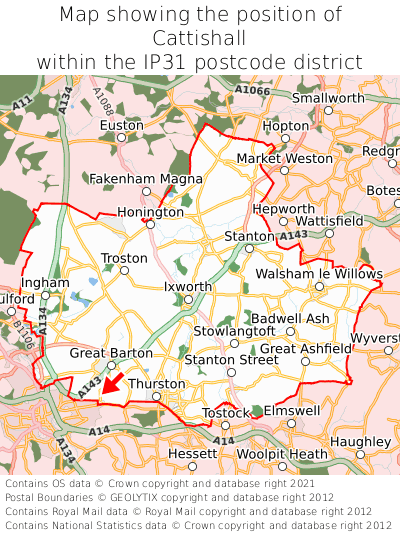 Map showing location of Cattishall within IP31