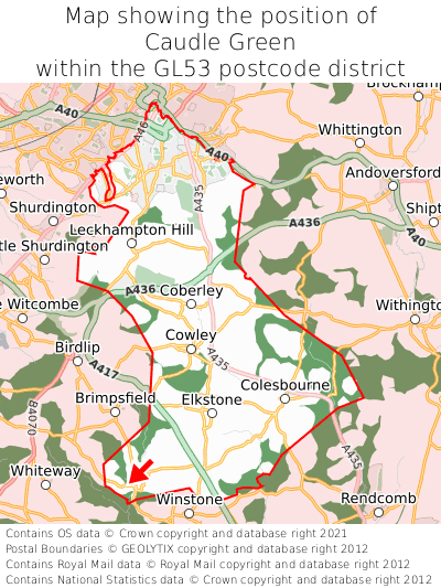 Map showing location of Caudle Green within GL53