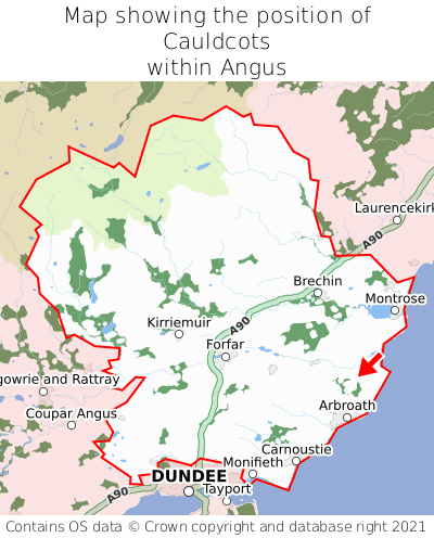 Map showing location of Cauldcots within Angus
