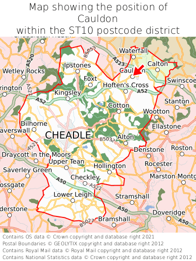 Map showing location of Cauldon within ST10