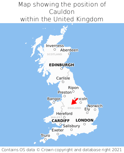 Map showing location of Cauldon within the UK