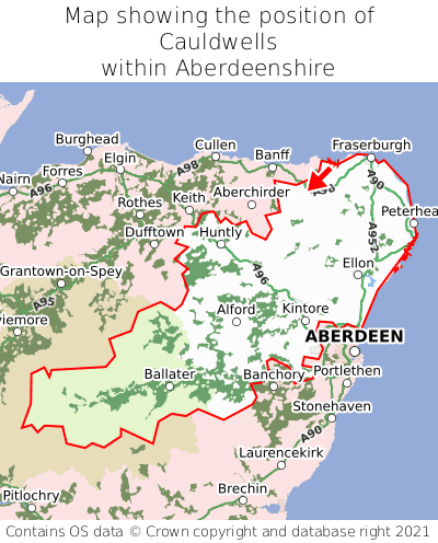 Map showing location of Cauldwells within Aberdeenshire