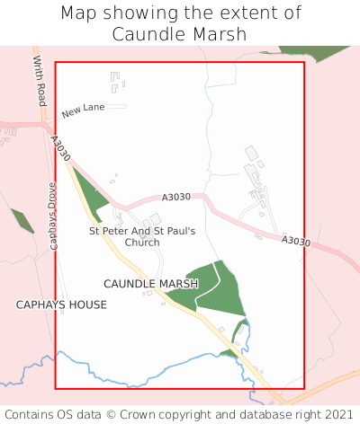Map showing extent of Caundle Marsh as bounding box