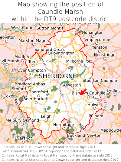 Map showing location of Caundle Marsh within DT9