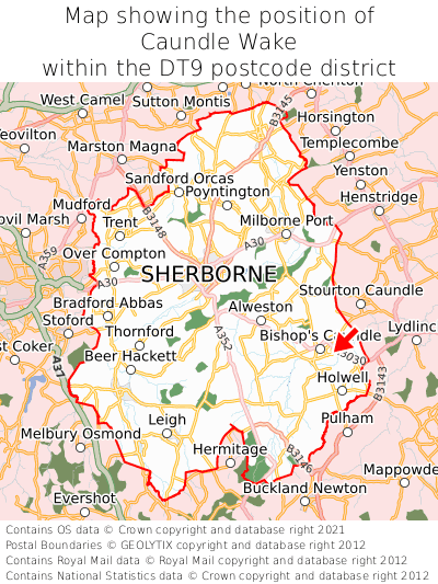 Map showing location of Caundle Wake within DT9