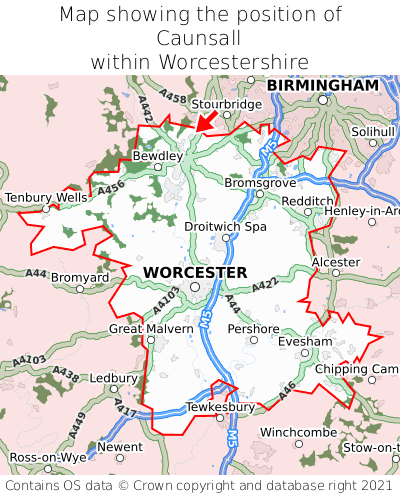 Map showing location of Caunsall within Worcestershire