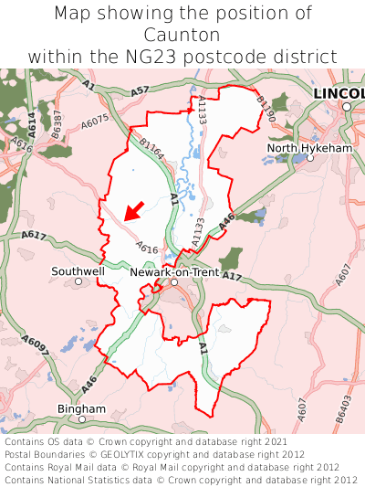 Map showing location of Caunton within NG23