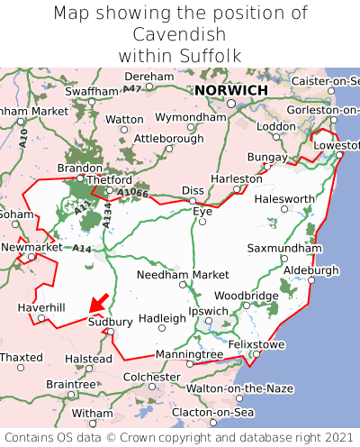 Map showing location of Cavendish within Suffolk