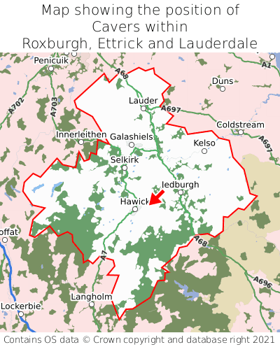 Map showing location of Cavers within Roxburgh, Ettrick and Lauderdale
