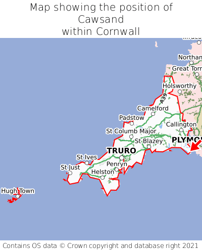 Map showing location of Cawsand within Cornwall