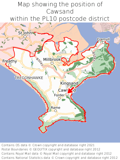 Map showing location of Cawsand within PL10