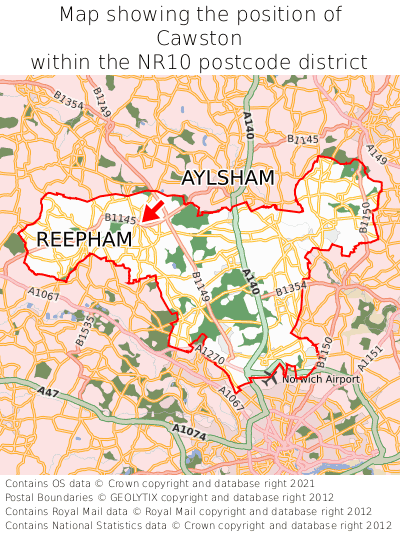 Map showing location of Cawston within NR10