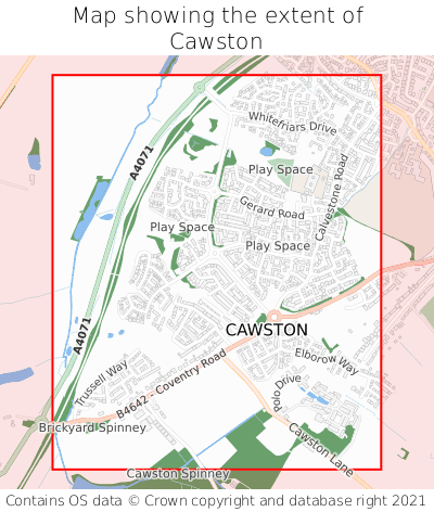 Map showing extent of Cawston as bounding box