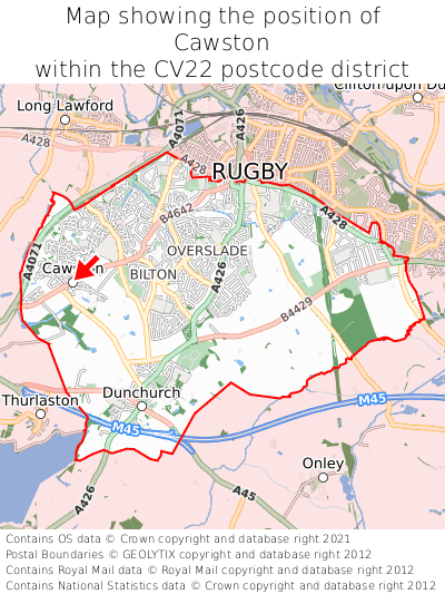 Map showing location of Cawston within CV22