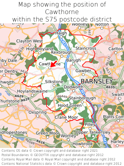 Map showing location of Cawthorne within S75