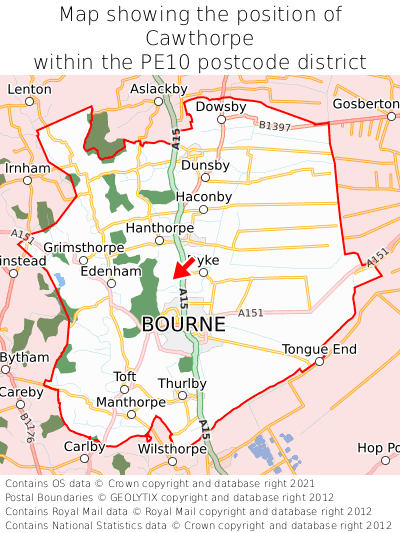 Map showing location of Cawthorpe within PE10