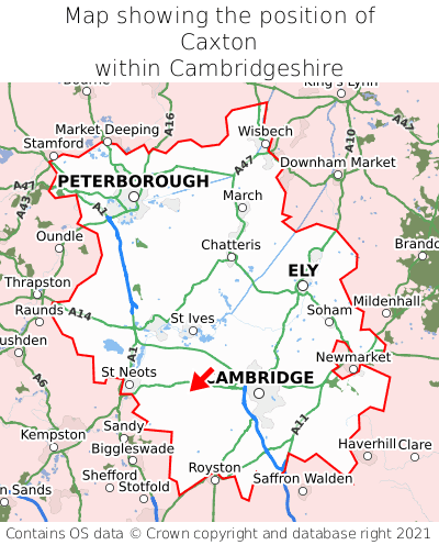 Map showing location of Caxton within Cambridgeshire