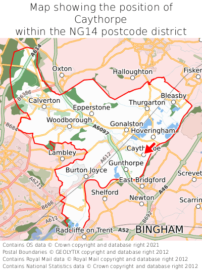 Map showing location of Caythorpe within NG14