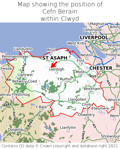 Map showing location of Cefn Berain within Clwyd