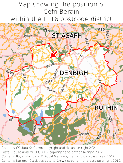 Map showing location of Cefn Berain within LL16