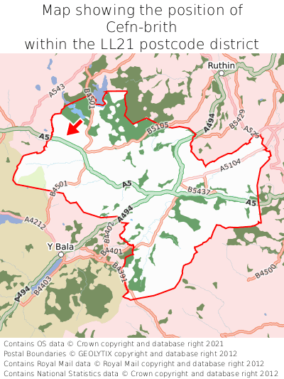 Map showing location of Cefn-brith within LL21