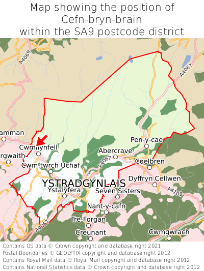 Map showing location of Cefn-bryn-brain within SA9