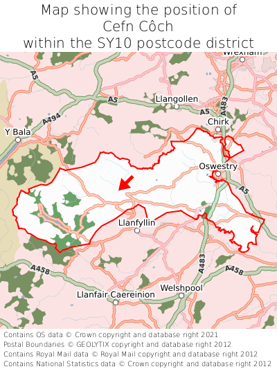 Map showing location of Cefn Côch within SY10