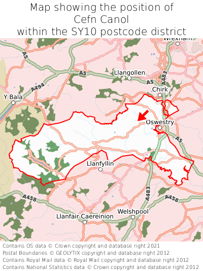 Map showing location of Cefn Canol within SY10