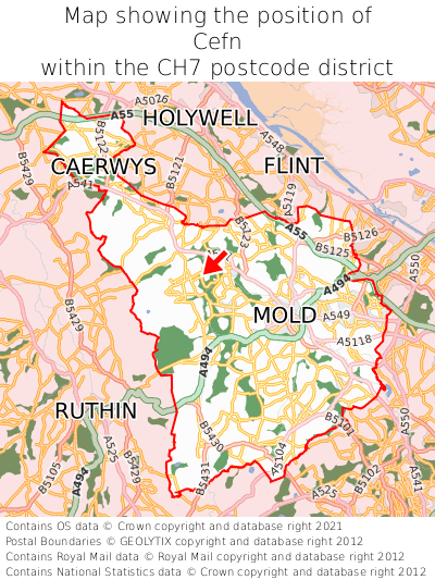 Map showing location of Cefn within CH7
