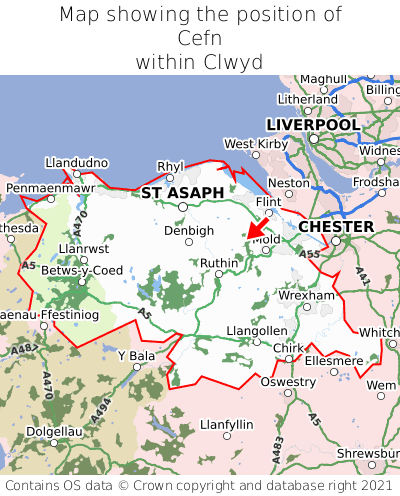 Map showing location of Cefn within Clwyd