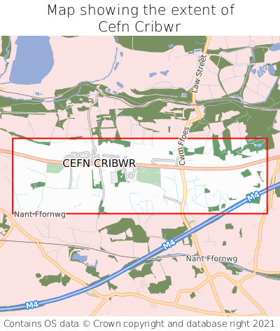 Map showing extent of Cefn Cribwr as bounding box