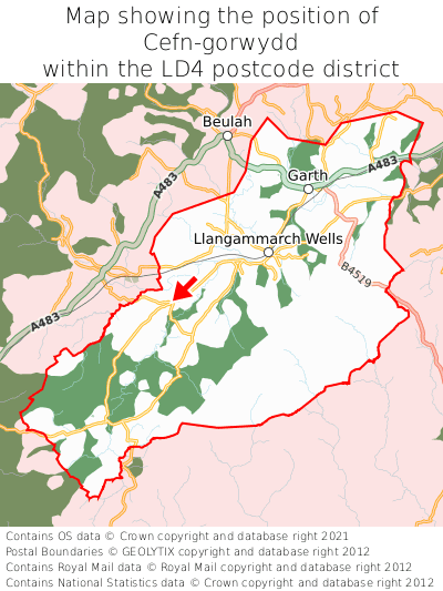 Map showing location of Cefn-gorwydd within LD4