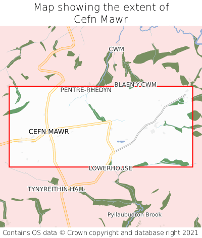 Map showing extent of Cefn Mawr as bounding box