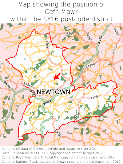 Map showing location of Cefn Mawr within SY16