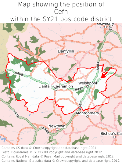 Map showing location of Cefn within SY21