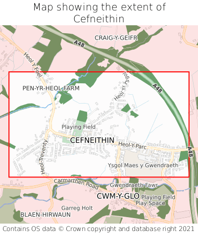 Map showing extent of Cefneithin as bounding box