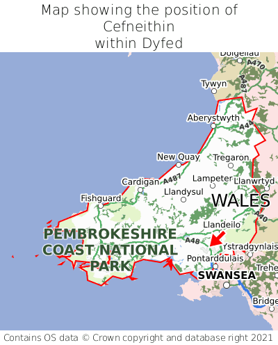 Map showing location of Cefneithin within Dyfed