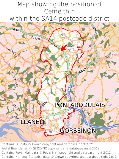 Map showing location of Cefneithin within SA14