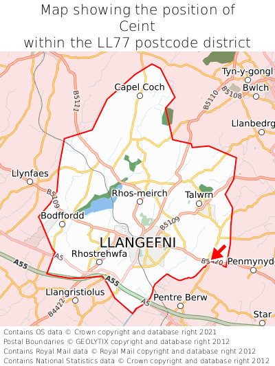 Map showing location of Ceint within LL77