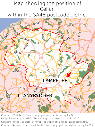 Map showing location of Cellan within SA48