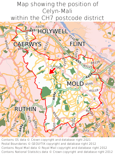 Map showing location of Celyn-Mali within CH7