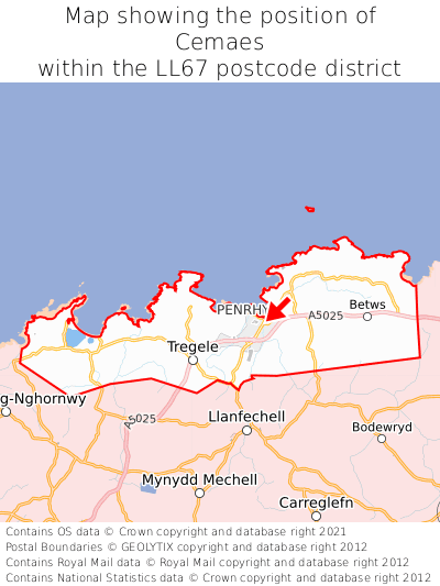 Map showing location of Cemaes within LL67