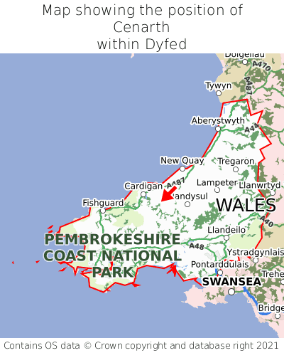 Map showing location of Cenarth within Dyfed