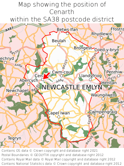 Map showing location of Cenarth within SA38