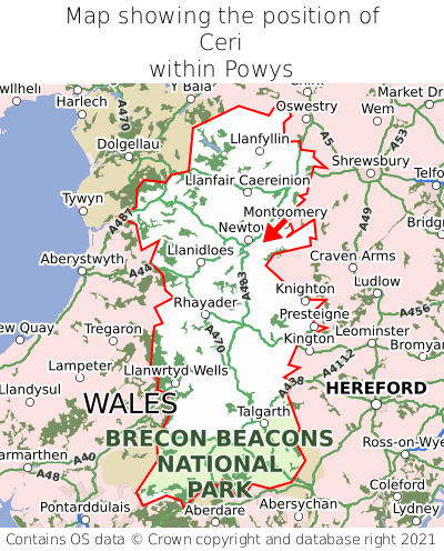 Map showing location of Ceri within Powys