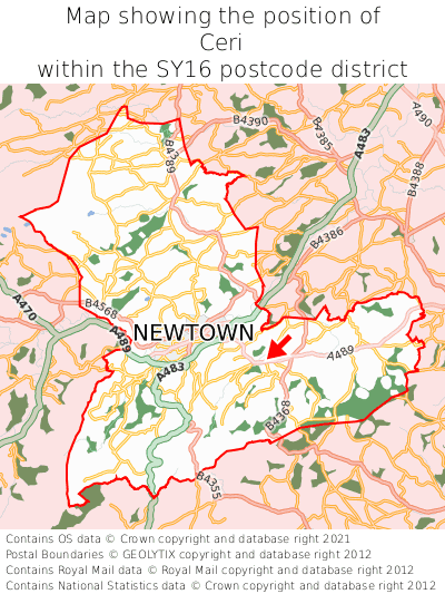 Map showing location of Ceri within SY16