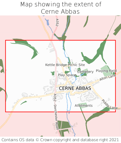 Map showing extent of Cerne Abbas as bounding box