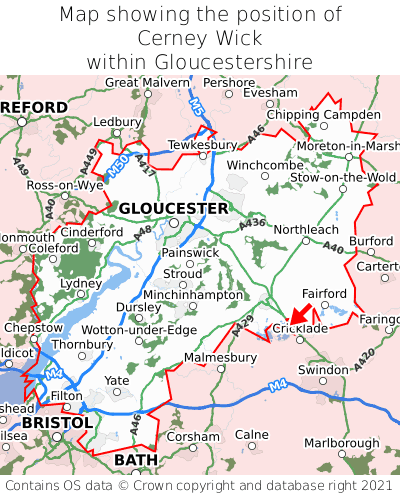 Map showing location of Cerney Wick within Gloucestershire