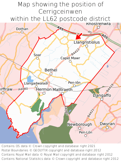 Map showing location of Cerrigceinwen within LL62