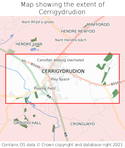 Map showing extent of Cerrigydrudion as bounding box